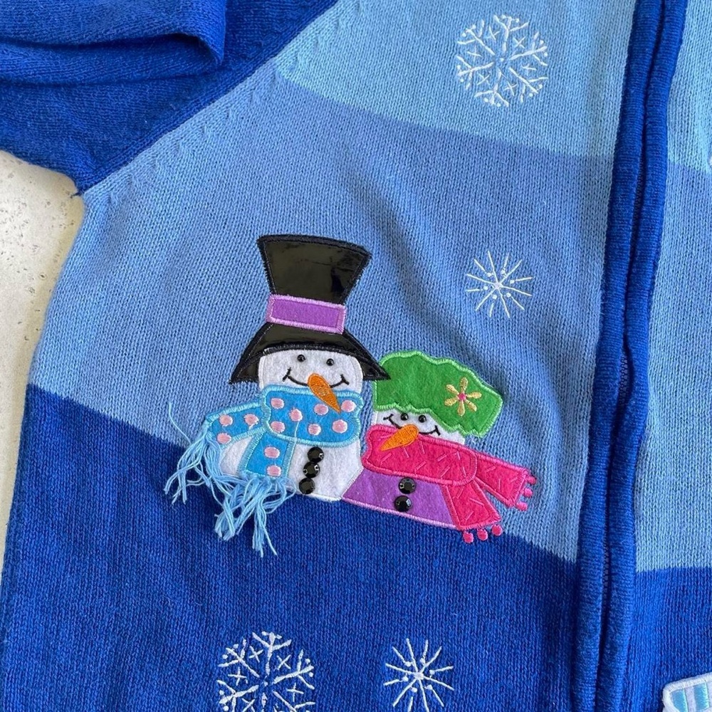 Vintage Tiara International Blue Embroidered Christmas Snowman Zippered Cardigan - Picture 6 of 7